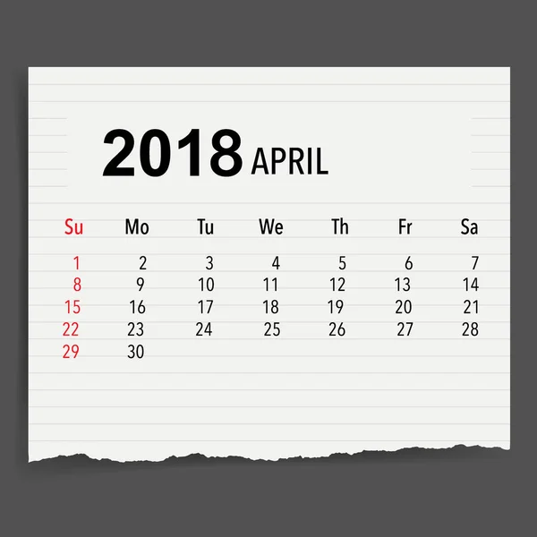 2018 Projektowanie Wektora Kalendarza Szablon Kalendarza Miesięcznego Kwiecień — Wektor stockowy