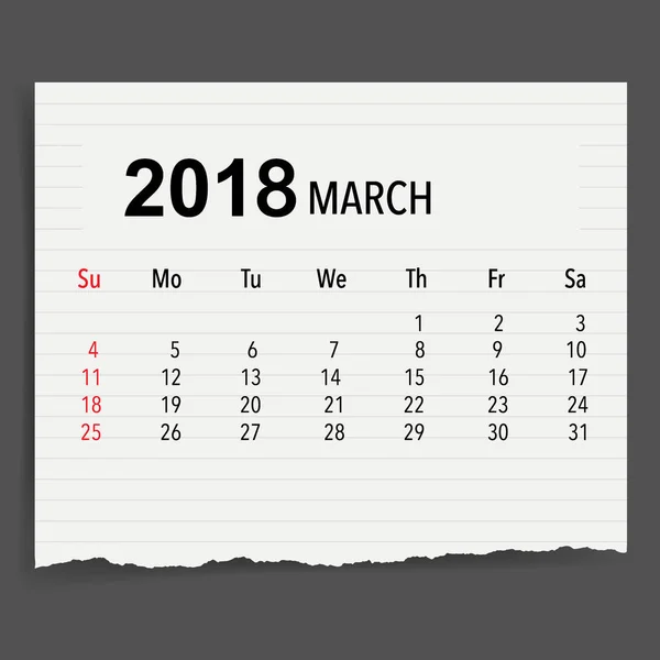 2018 Kalenderplaner Vektor Design Monatliche Kalendervorlage Für März — Stockvektor