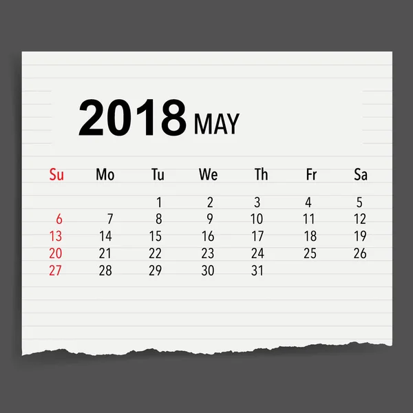2018カレンダープランナーベクトルデザイン 5月の毎月のカレンダーテンプレート — ストックベクタ