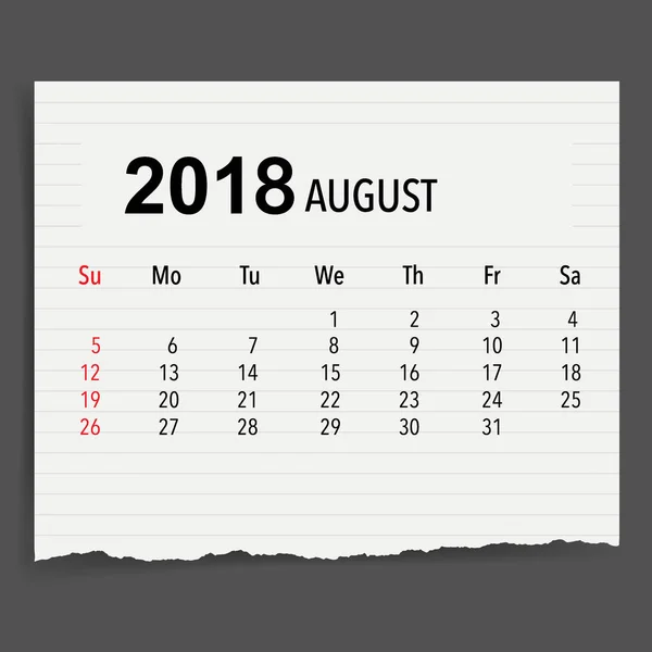 2018 Kalenderplaner Vektordesign Monatliche Kalendervorlage Für August — Stockvektor