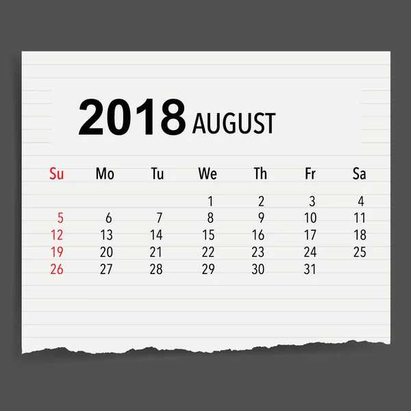 2018 Projeto Vetorial Planejador Calendário Modelo Calendário Mensal Para Agosto — Vetor de Stock