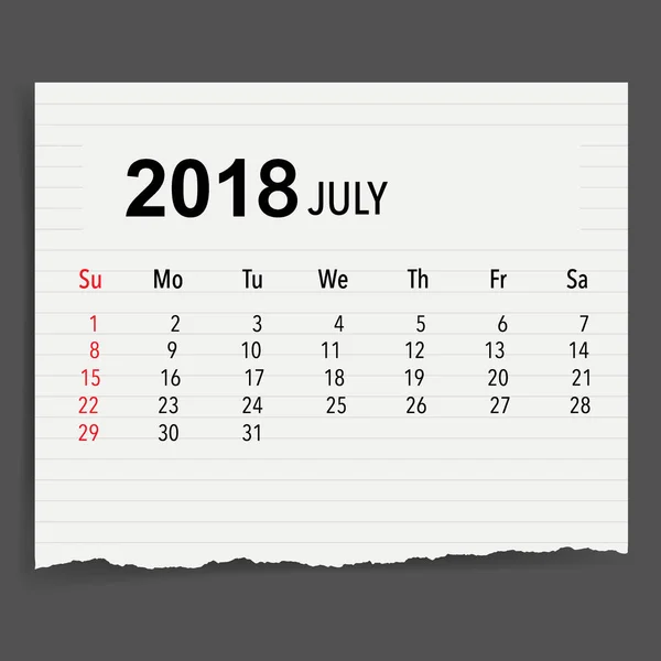 2018 Projeto Vetorial Planejador Calendário Modelo Calendário Mensal Para Julho —  Vetores de Stock