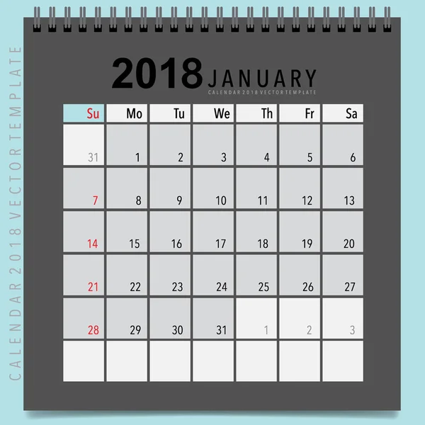 Conception Vectorielle Planificateur Calendrier 2018 Modèle Calendrier Mensuel Pour Janvier — Image vectorielle