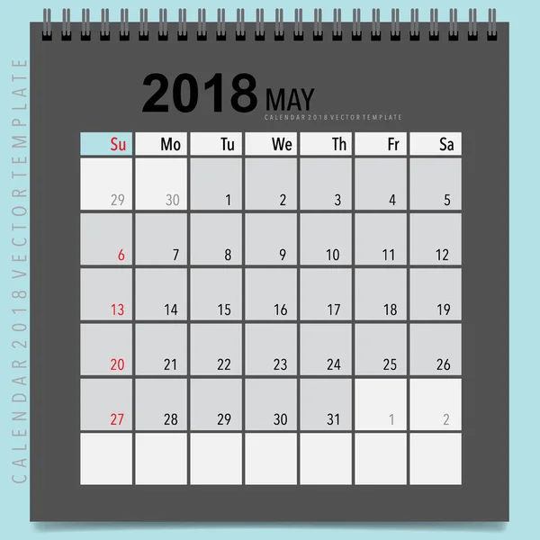 2018 Планувальник Календарів Векторний Дизайн Щомісячний Шаблон Календаря Травень — стоковий вектор