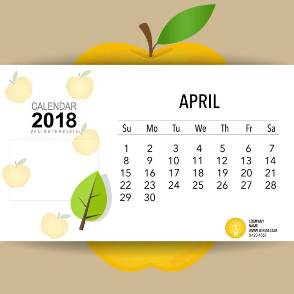 2018 Projektowanie Wektora Kalendarza Szablon Kalendarza Miesięcznego Kwiecień — Wektor stockowy