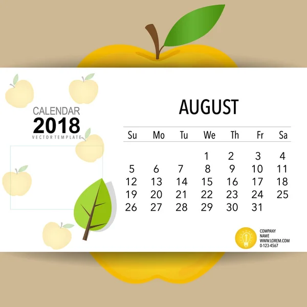 2018 Kalenderplaner Vektordesign Monatliche Kalendervorlage Für August — Stockvektor