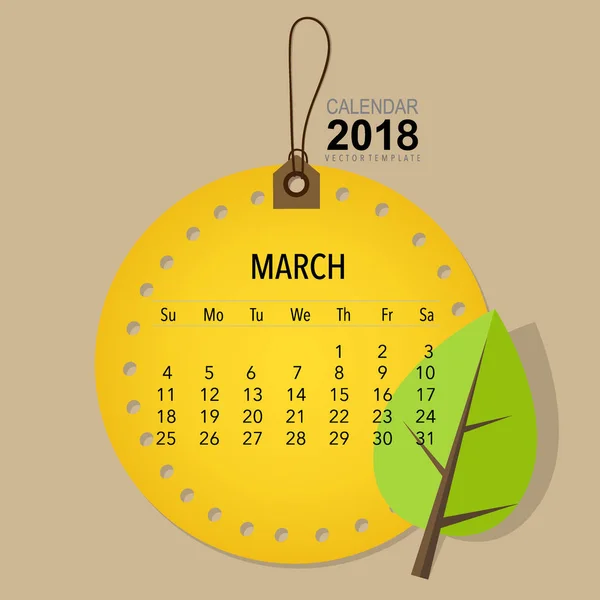 2018 Планувальник Календарів Векторний Дизайн Щомісячний Шаблон Календаря Березень — стоковий вектор