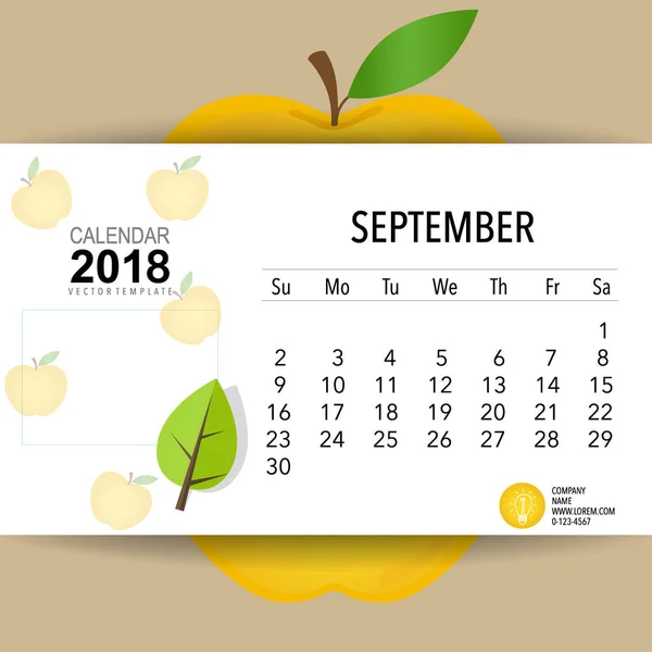 2018 Kalender Planerare Vektor Design Månatlig Kalender Mall För September — Stock vektor