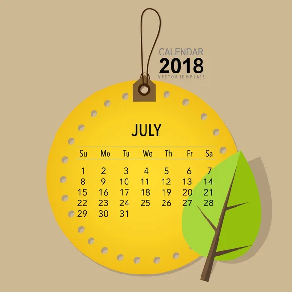 2018 Projeto Vetorial Planejador Calendário Modelo Calendário Mensal Para Julho —  Vetores de Stock