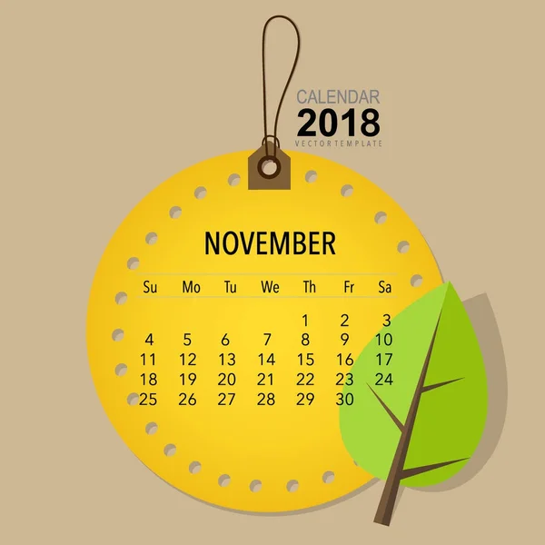 Conception Vectorielle Planificateur Calendrier 2018 Modèle Calendrier Mensuel Pour Novembre — Image vectorielle