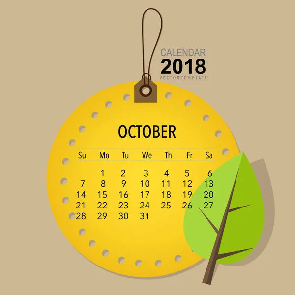 Diseño Vectores Planificador Calendario 2018 Plantilla Calendario Mensual Para Octubre — Vector de stock