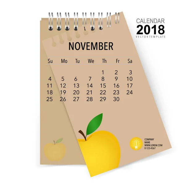2018 Kalender Planner Vector Ontwerp Maandelijkse Kalender Template Voor November — Stockvector