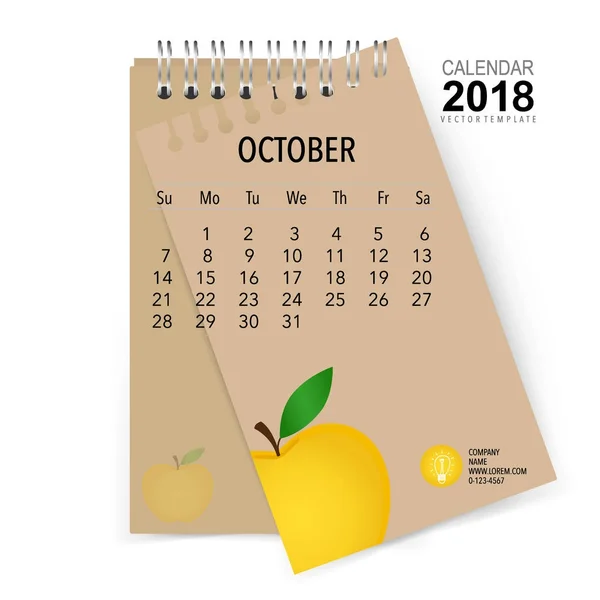 Diseño Vectores Planificador Calendario 2018 Plantilla Calendario Mensual Para Octubre — Vector de stock