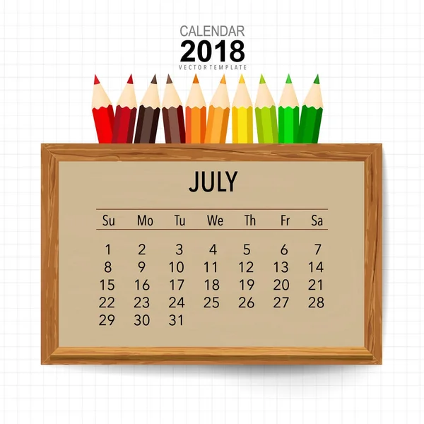 2018 Takvim Planlayıcı Vektör Tasarımı Temmuz Ayı Için Aylık Takvim — Stok Vektör