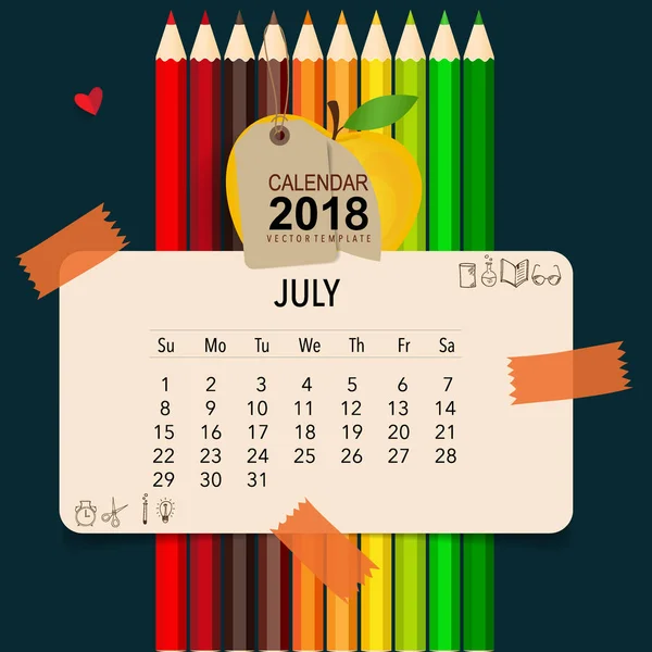 2018 Projeto Vetorial Planejador Calendário Modelo Calendário Mensal Para Julho —  Vetores de Stock