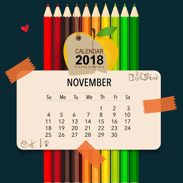 2018 Kalenderplaner Vektordesign Monatliche Kalendervorlage Für November — Stockvektor