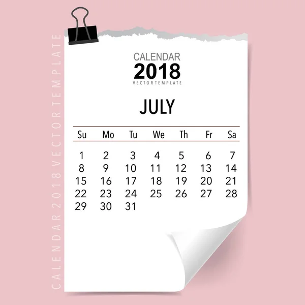 2018 Calendar Planner Vector Design Modello Calendario Mensile Luglio — Vettoriale Stock