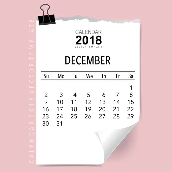 2018 Calendar Planner Vector Design Monthly Calendar Template December — Stock Vector