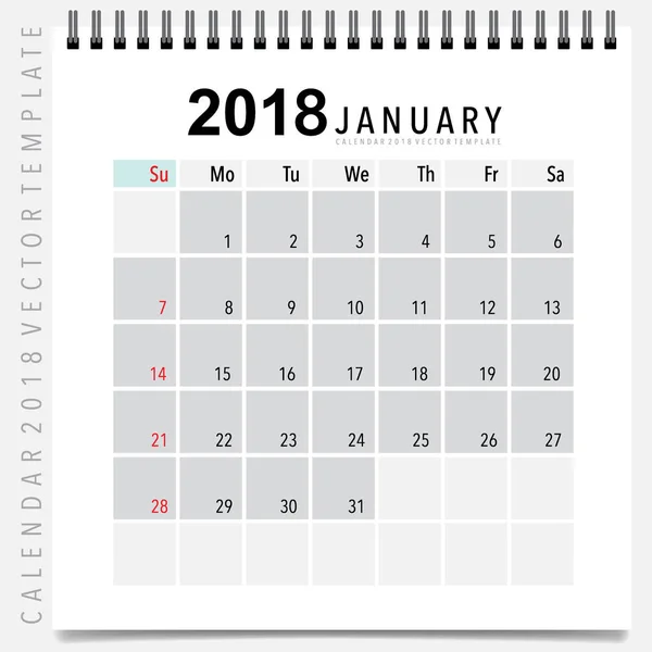 Diseño Vectores Planificador Calendario 2018 Plantilla Calendario Mensual Para Enero — Vector de stock