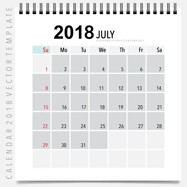 2018カレンダープランナーベクトルデザイン 7月の毎月のカレンダーテンプレート — ストックベクタ