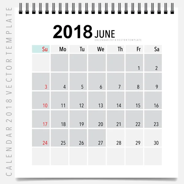 Conception Vectorielle Planificateur Calendrier 2018 Modèle Calendrier Mensuel Pour Juin — Image vectorielle