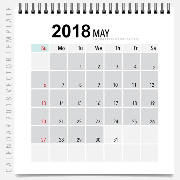 2018 Projeto Vetorial Planejador Calendário Modelo Calendário Mensal Para Maio — Vetor de Stock