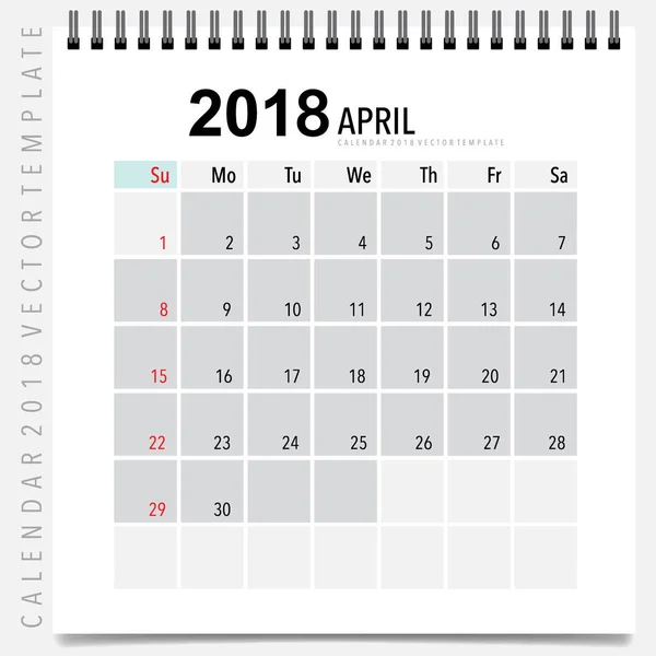 Conception Vectorielle Planificateur Calendrier 2018 Modèle Calendrier Mensuel Pour Avril — Image vectorielle