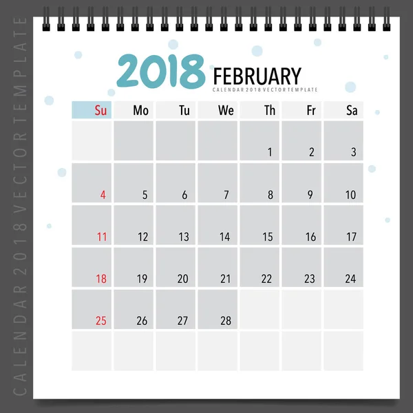 2018 Планувальник Календарів Векторний Дизайн Щомісячний Шаблон Календаря Лютий — стоковий вектор