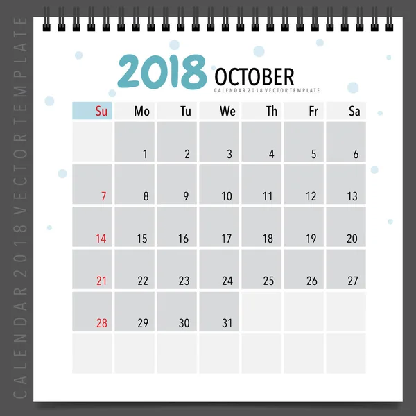 2018 Projeto Vetorial Planejador Calendário Modelo Calendário Mensal Para Outubro —  Vetores de Stock
