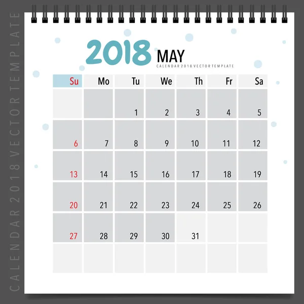 2018 Calendar Planner Vector Design Modello Calendario Mensile Maggio — Vettoriale Stock