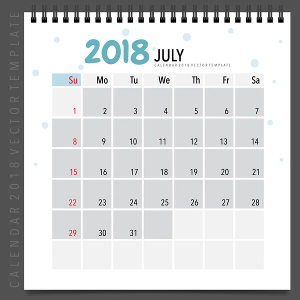 2018 Calendar Planner Vector Design Modello Calendario Mensile Luglio — Vettoriale Stock