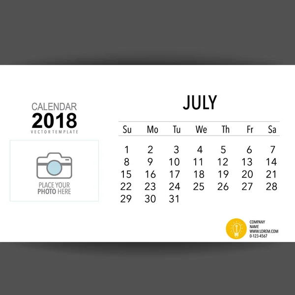 2018 Projeto Vetorial Planejador Calendário Modelo Calendário Mensal Para Julho — Vetor de Stock
