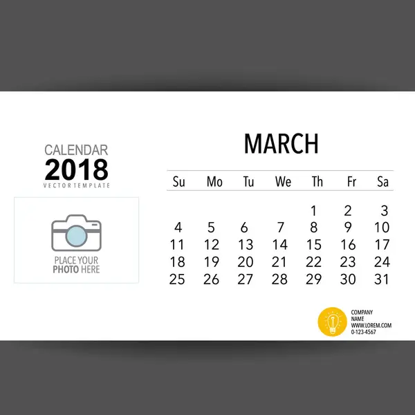 Diseño Vectores Planificador Calendario 2018 Plantilla Calendario Mensual Para Marzo — Vector de stock