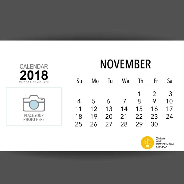 Conception Vectorielle Planificateur Calendrier 2018 Modèle Calendrier Mensuel Pour Novembre — Image vectorielle