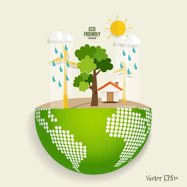 Green Eco City Living Concept Met Green Eco Aarde Bomen — Stockvector