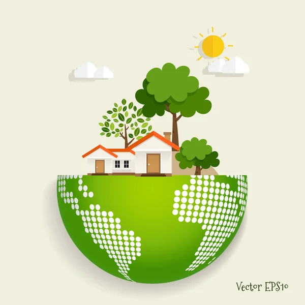 Green Eco City Living Concept Met Green Eco Aarde Bomen — Stockvector