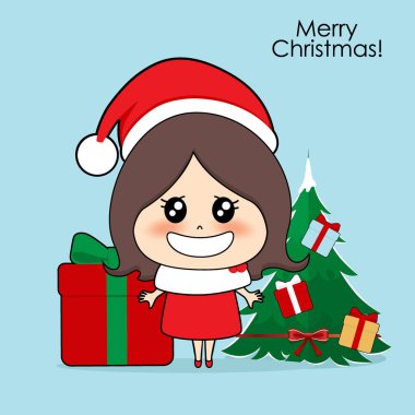 Noel Baba kostümlü sevimli karakter kızı. Noel arkaplanı. 