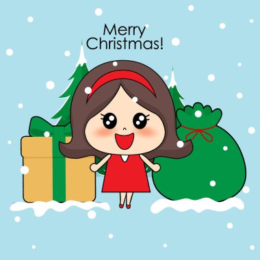 Noel Baba kostümlü sevimli karakter kızı. Noel arkaplanı. 