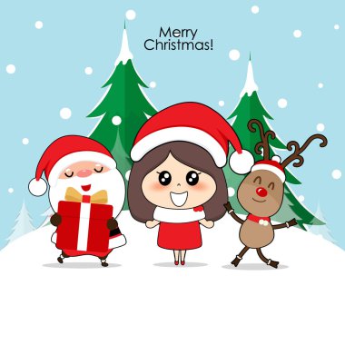 Noel Baba, şirin ren geyiği ve Noel Baba kostümlü sevimli karakter kızı.. 