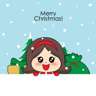 Noel Baba kostümlü sevimli karakter kızı. Noel arkaplanı. 