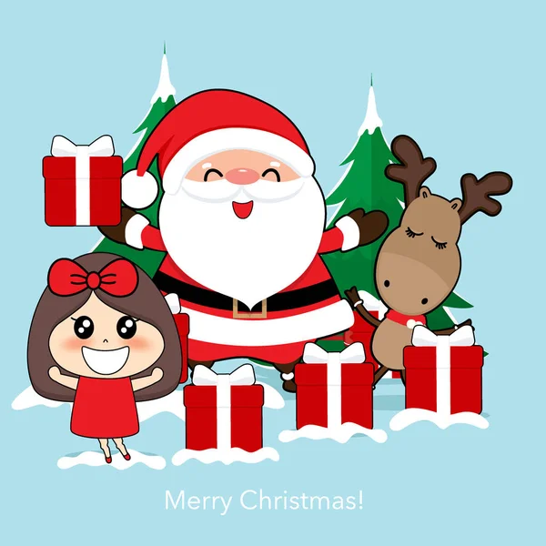 Weihnachtsmann, niedliches Rentier und süßes Charaktermädchen im Weihnachtsmannkostüm. — Stockvektor