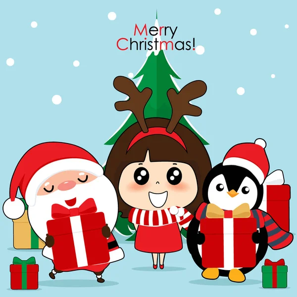 Babbo Natale, Pinguino, e Carino personaggio ragazza con Babbo Natale costume . — Vettoriale Stock
