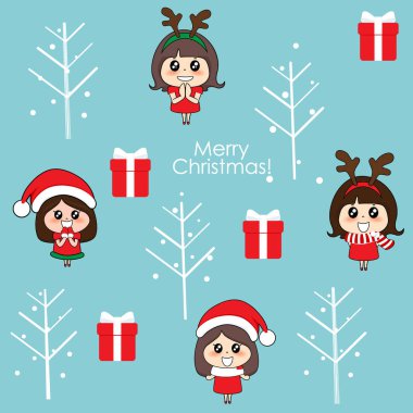 Noel Baba kostümlü sevimli karakter kızı. Noel arkaplanı. Noel tebrik kartı. Vektör illüstrasyonu.