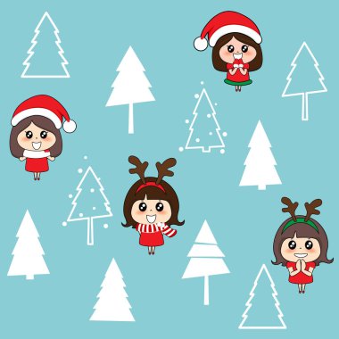 Noel Baba kostümlü sevimli karakter kızı. Noel arkaplanı. Noel tebrik kartı. Vektör illüstrasyonu.