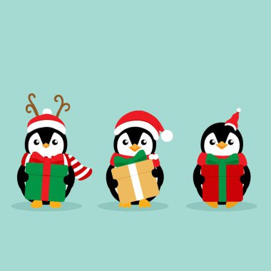 Penguen. Noel arkaplanı. Noel tebrik kartı..