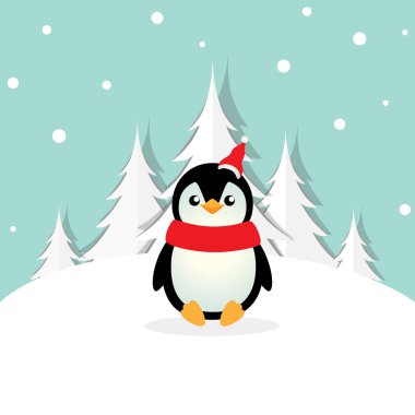 Penguen. Noel arkaplanı. Noel tebrik kartı..