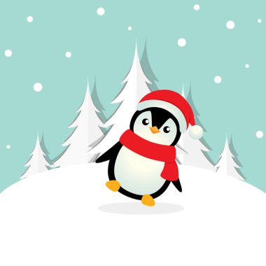 Penguen. Noel arkaplanı. Noel tebrik kartı..