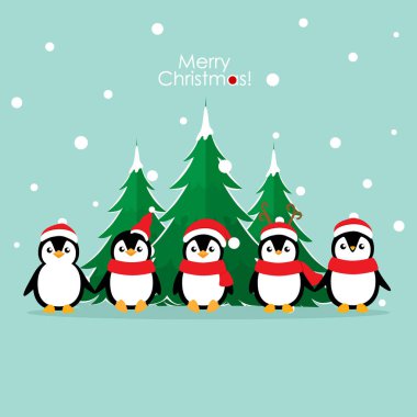 Penguen. Noel arkaplanı. Noel tebrik kartı..