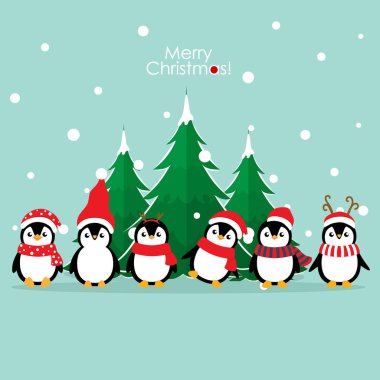 Penguen. Noel arkaplanı. Noel tebrik kartı..