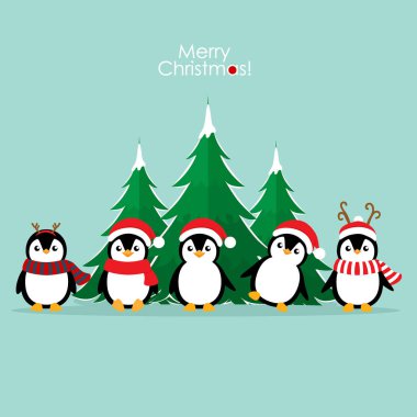 Penguen. Noel arkaplanı. Noel tebrik kartı..